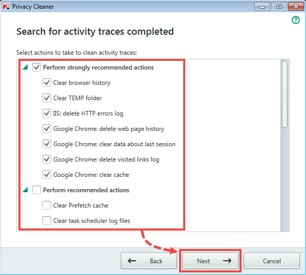 Selecting actions to remove activity traces