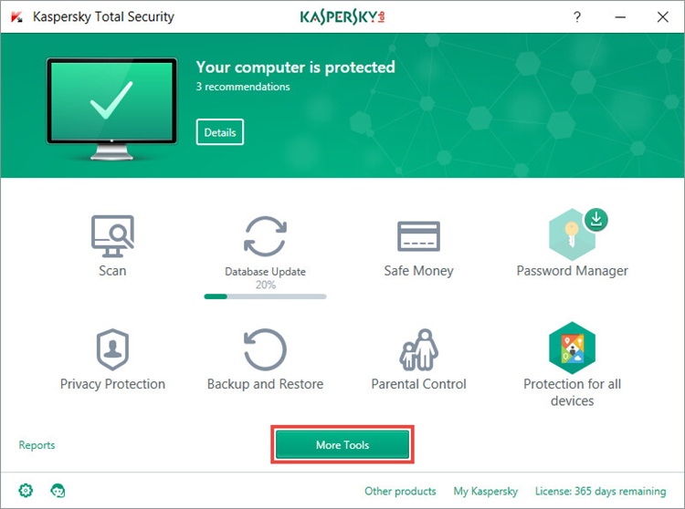 Opening the Tools window in Kaspersky Total Security 2018