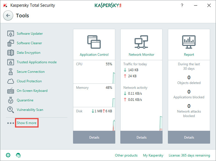 Opening the list of tools in Kaspersky Total Security 2018