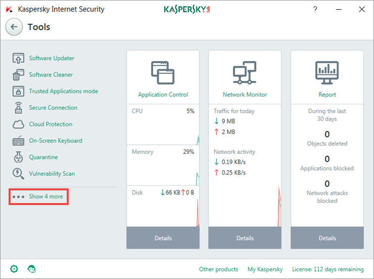 Image: the Tools window of Kaspersky Internet Security 2018