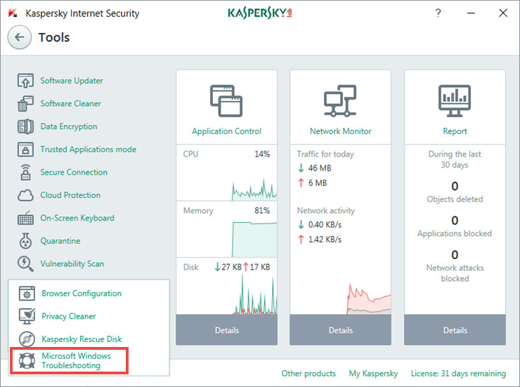 Image: the Tools window of Kaspersky Internet Security 2018
