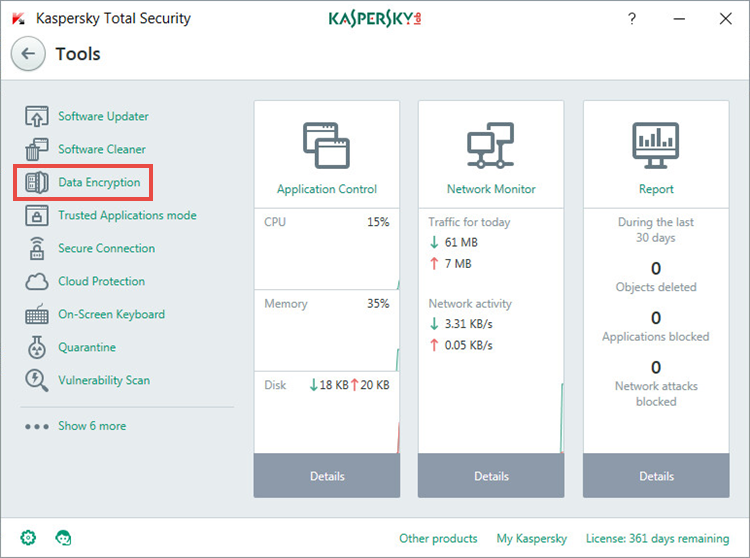 the Tools window of Kaspersky Total Security 2018 
