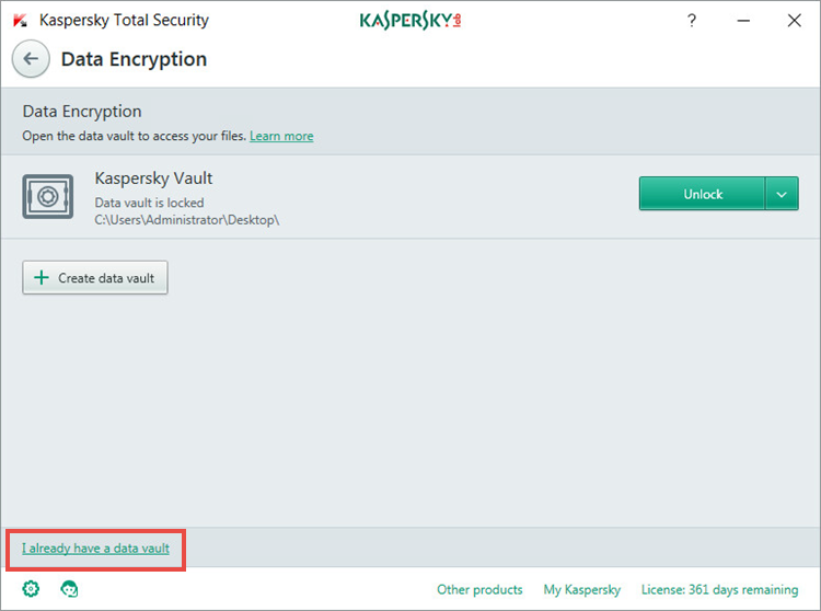 the Data Encryption window in Kaspersky Total Security 2018