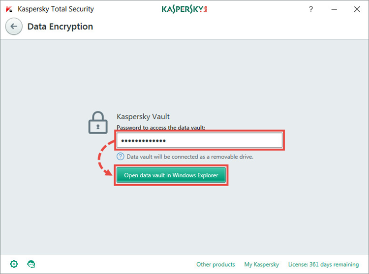 the Data Encryption window in Kaspersky Total Security 2018