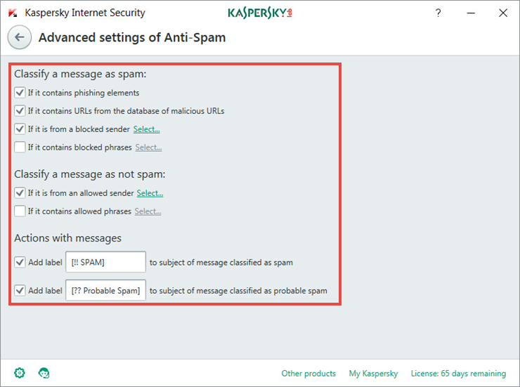 Adjusting advanced Anti-Spam settings in Kaspersky Internet Security 2018