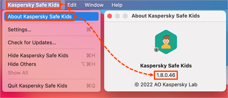 The version number in Kaspersky Safe Kids for Mac.