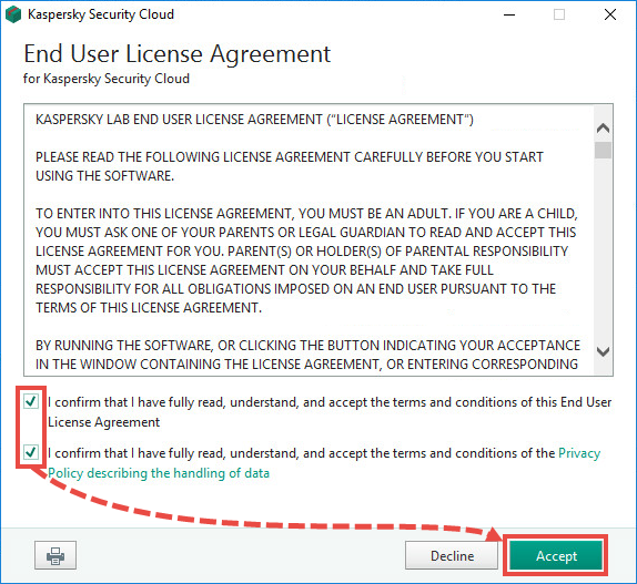 The license agreement window of Kaspersky Security Cloud