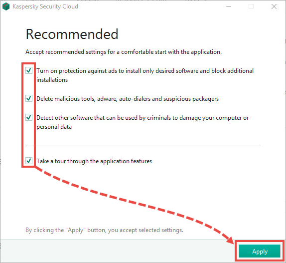The Recommended settings window of Kaspersky Security Cloud