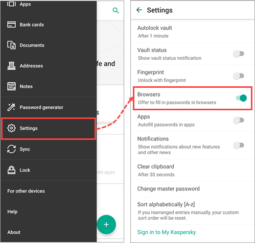 Enabling the extension for password autofill in Kaspersky Password Manager