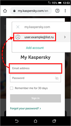 Selecting an account from the Kaspersky Password Manager vault