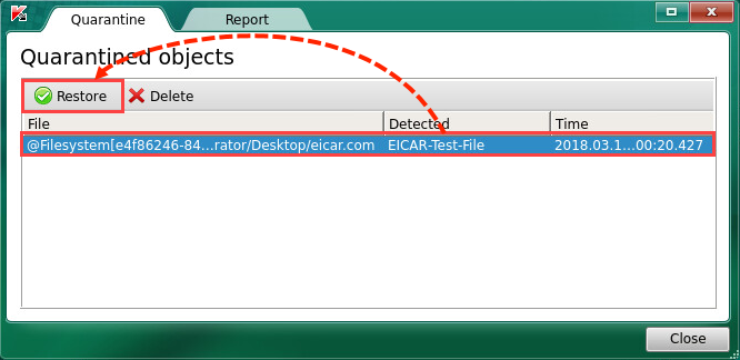 Restoring a file from Quarantine in Kaspersky Rescue Tool