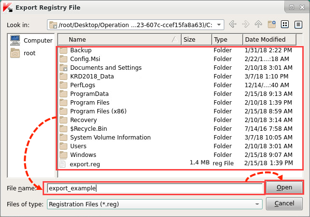 Saving a key in the Kaspersky Rescue Disk 2018 Registry Editor