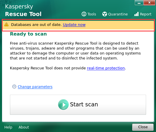 Warning in Kaspersky Rescue Disk 2018 about out-of-date anti-virus databases