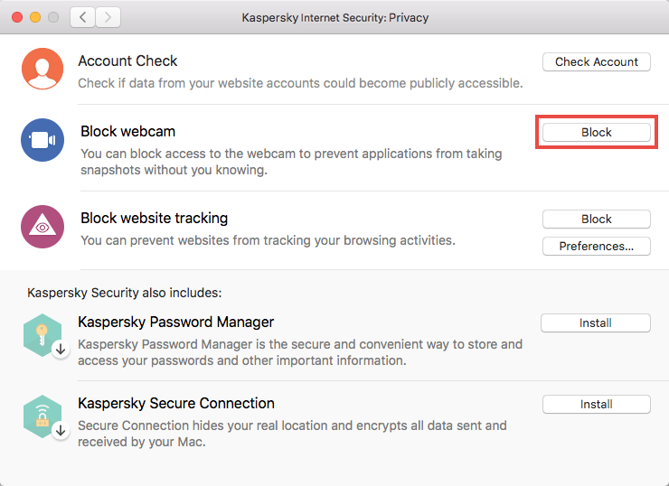 Blocking access to the video stream of web camera using Kaspersky Internet Security 19 for Mac