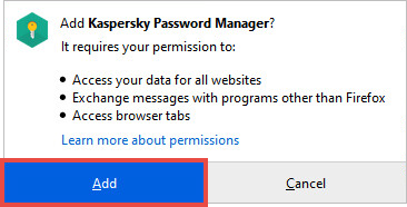 Adding the Kaspersky Password Manager extension to Firefox