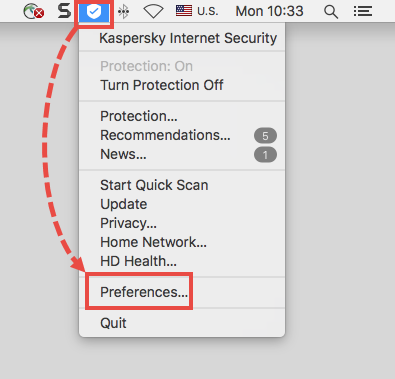 Opening the Preferences window in Kaspersky Internet Security 19 for Mac.