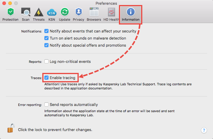 Enabling traces in Kaspersky Internet Security 19 for Mac