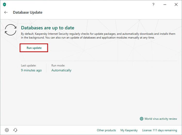 Updating the Kaspersky Internet Security 19 databases through the application interface