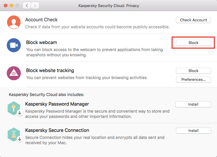 Blocking a webcam in Kaspersky Security Cloud 19 for Mac