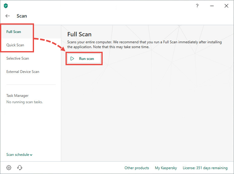 Starting a full or quick scan in Kaspersky Internet Security 19