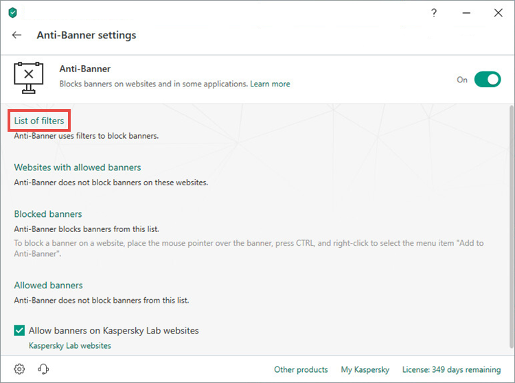 Opening the Anti-Banner list of filters of Kaspersky Internet Security 19