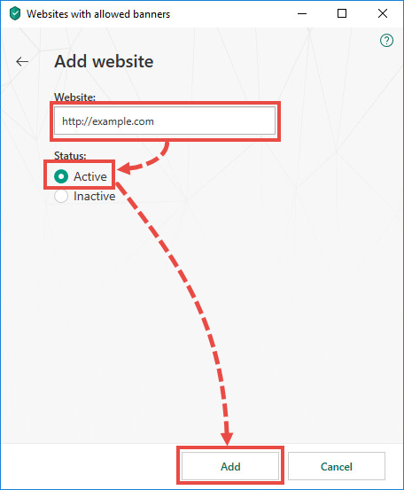 Opening the website with allowed banners to the list in Kaspersky Internet Security 19
