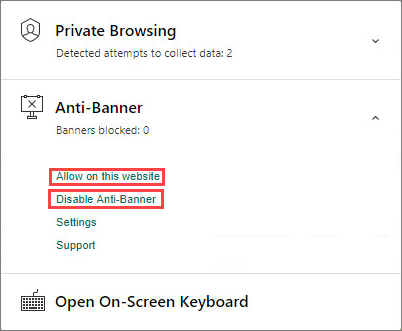 How to disable blocking banners for a website from the browser