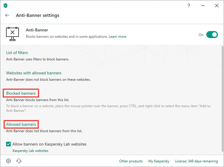 Opening the settings of allowed and blocked banners in Kaspersky Internet Security 19