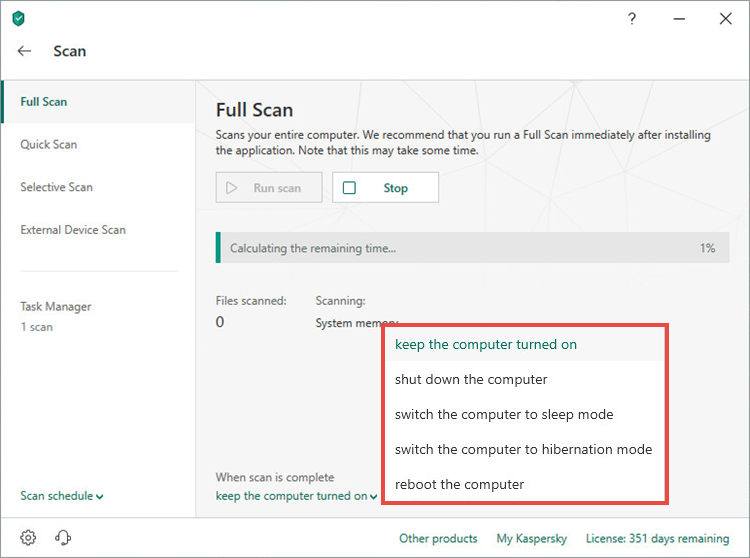 Selecting an action upon completion of a full scan task in Kaspersky Total Security 19