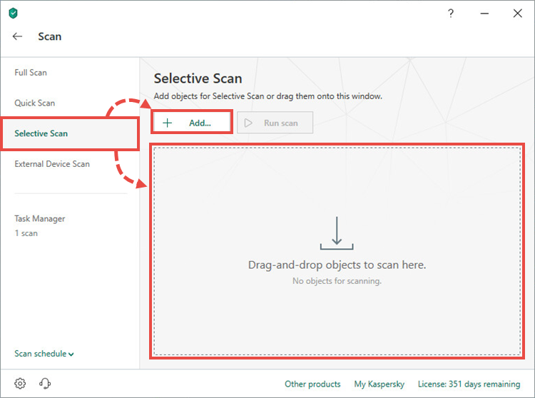 Adding files for a selective scan in Kaspersky Total Security 19