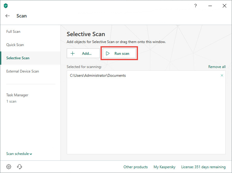 Running a selective scan in Kaspersky Total Security 19