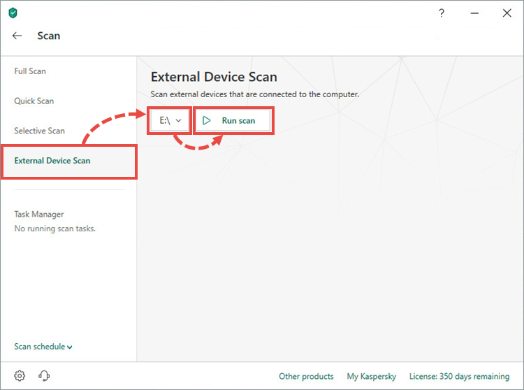 Running an external device scan in Kaspersky Total Security 19