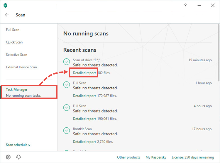 Opening the full scan report window in Kaspersky Total Security 19