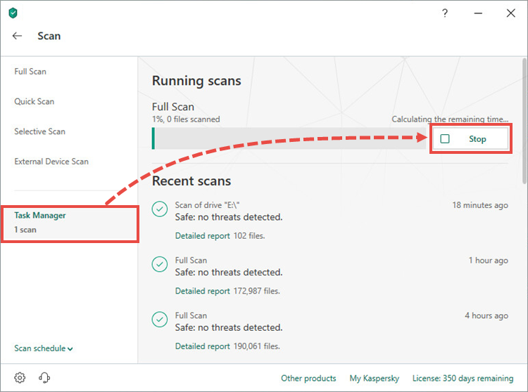Stopping a scan in Kaspersky Total Security 19