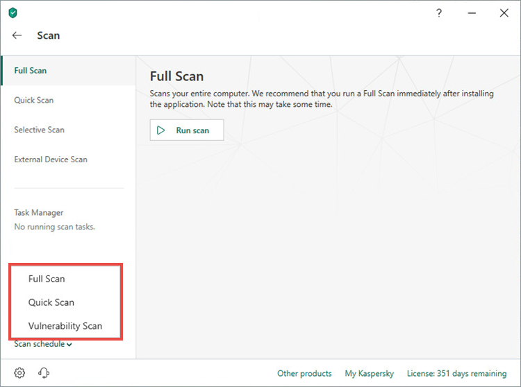 Selecting a scan type for setting a scan schedule in Kaspersky Total Security 19