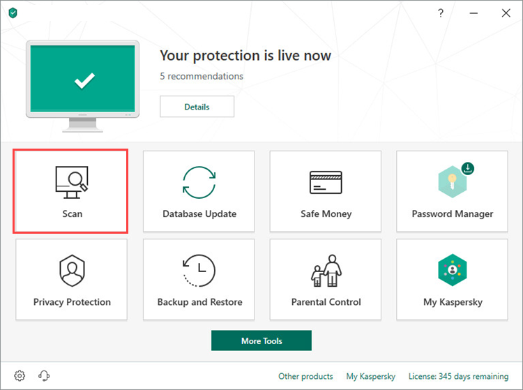 Opening the Scan section in Kaspersky Total Security 19