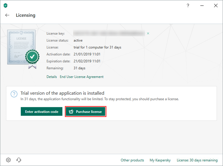 Opening the license purchasing page for Kaspersky Total Security 19