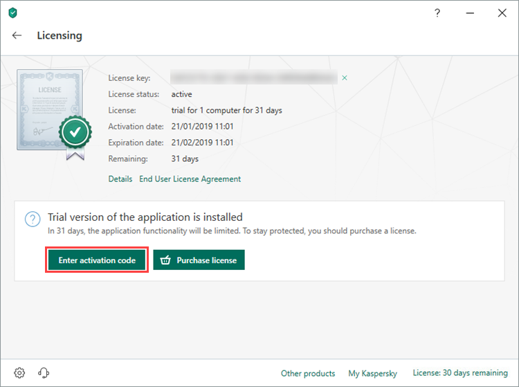 Entering the activation code for Kaspersky Total Security 19