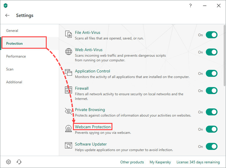 Opening the Webcam Protection section in Kaspersky Total Security 19