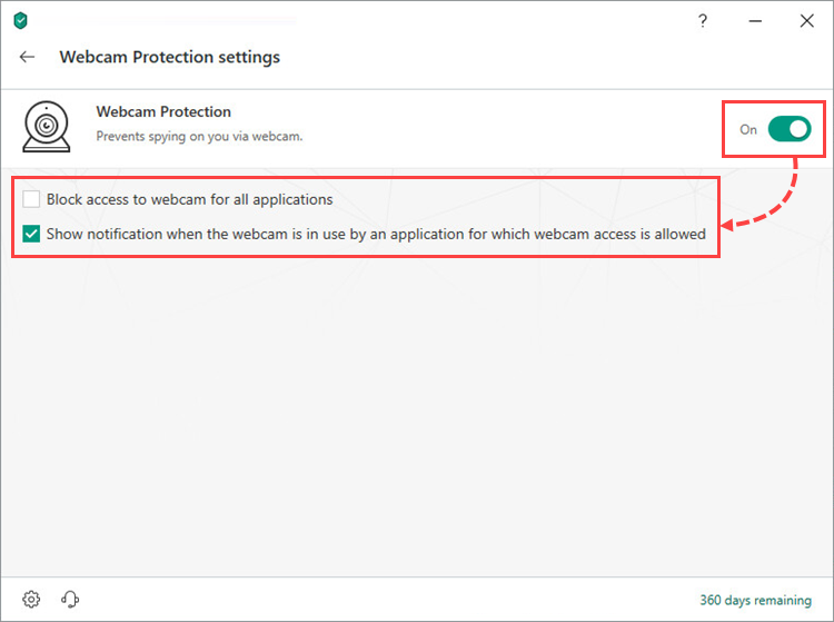 Enabling and configuring Webcam Protection in Kaspersky Total Security 19