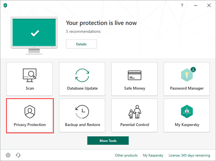 Opening the Privacy Protection section in Kaspersky Total Security 19