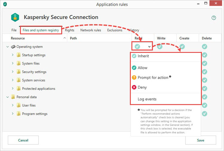 Configuring rules for files and the system registry in Kaspersky Total Security 19