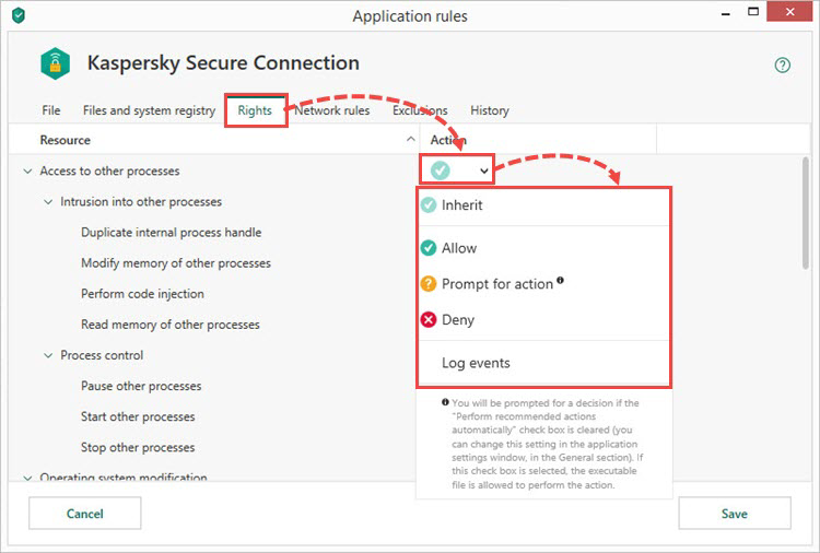 Configuring rights for resources in Kaspersky Total Security 19