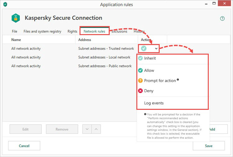 Configuring network rules window in Kaspersky Total Security 19