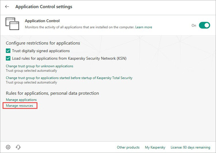 Opening the resources settings window of Kaspersky Total Security 19