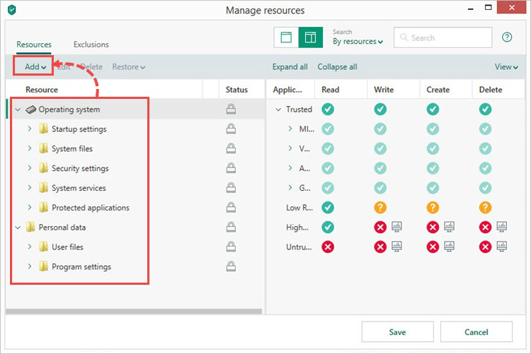 Opening the window to add a category, file, folder or registry key to a resource with Kaspersky Total Security 19