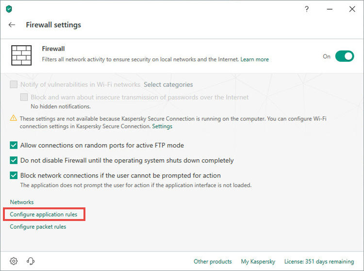 Opening application rules settings window of Kaspersky Total Security 19