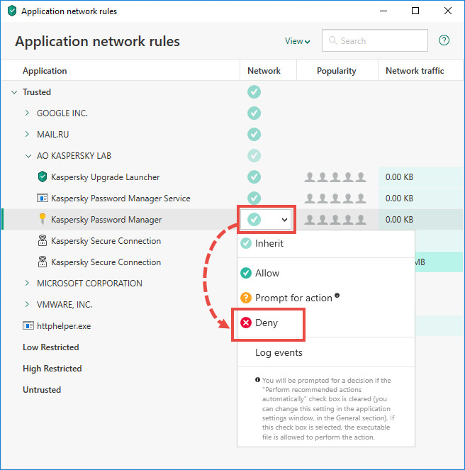 Configuring network rules window in Kaspersky Total Security 19