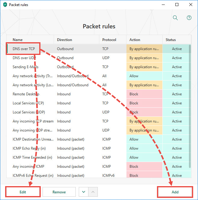 Changing or adding a packet rule in Kaspersky Total Security 19