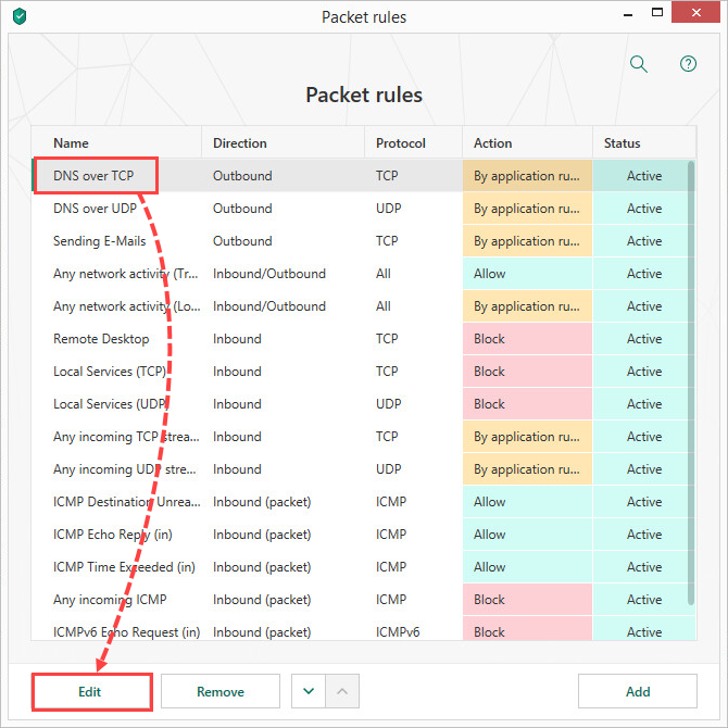 Changing the packet rule settings in Kaspersky Total Security 19